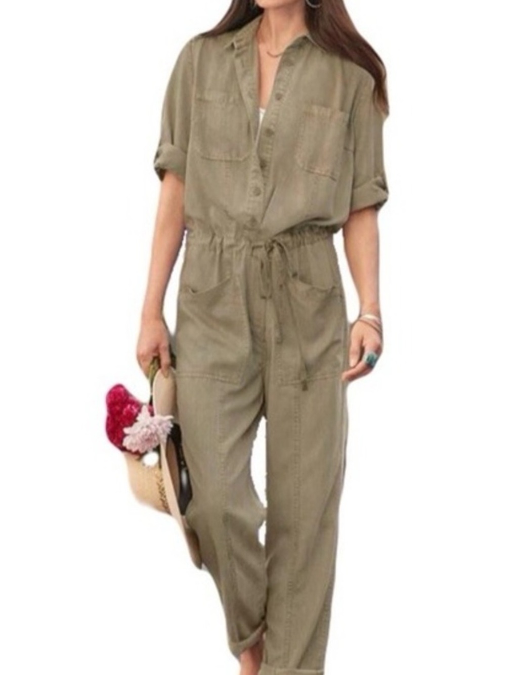 Sundance Wayside Cargo Utility Jumpsuit Size Medium Sage Green Tencel NWT